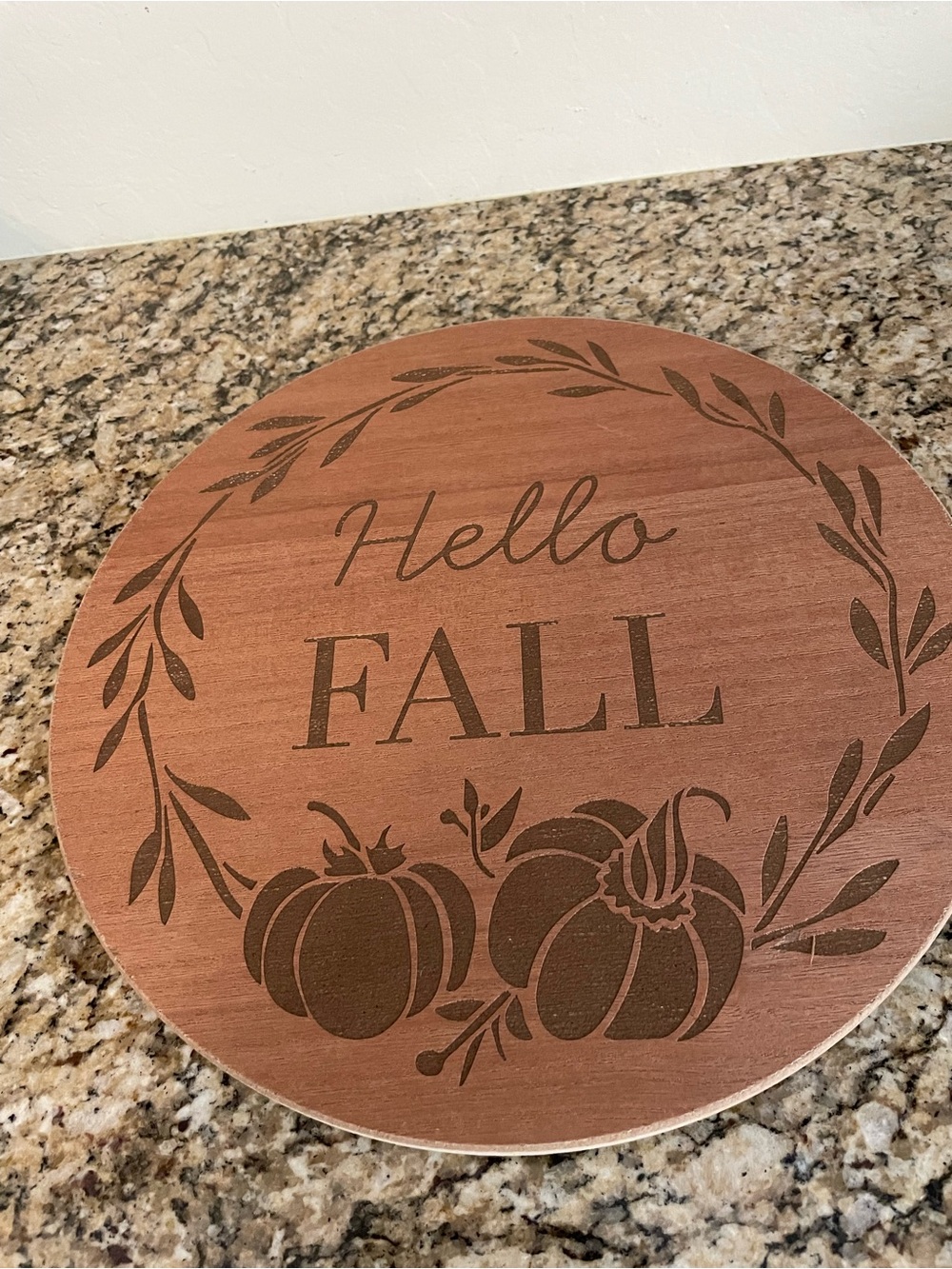 Hello Fall Round Wood Table  Turntable - Brown 12.5”